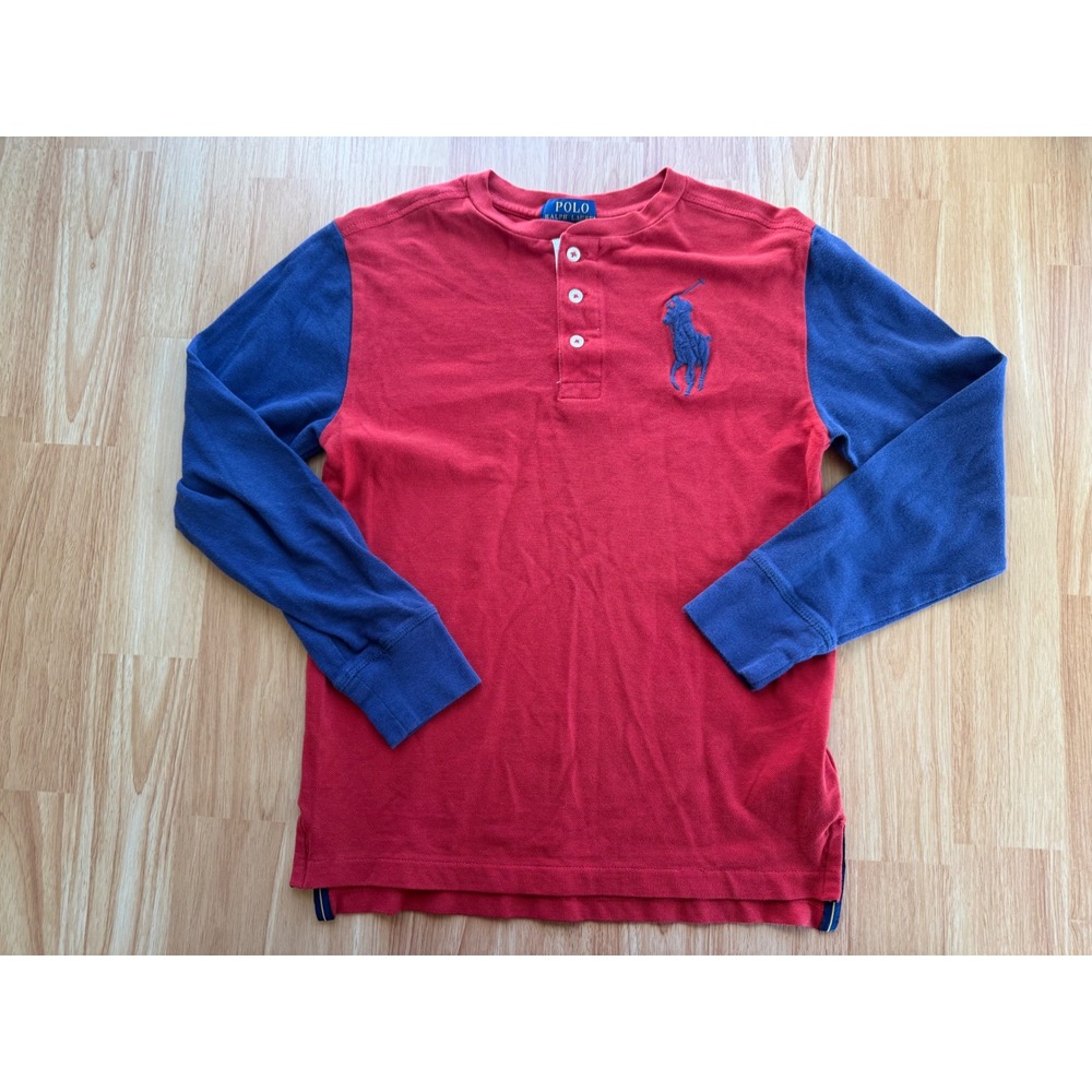 Polo Ralph Lauren Boys M 10-12 Big Pony Henley Shirt Red Blue Long Sleeve